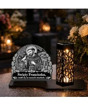 Duży znicz solarny LED XL - Święty Franciszek - grawer - na grobie w dzień