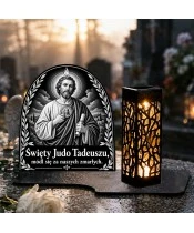Duży znicz solarny LED XL - Święty Juda Tadeusz - grawer - na grobie w dzień