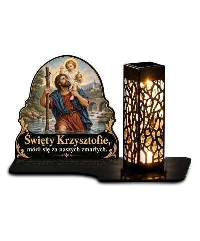Duży znicz solarny LED XL - Święty Krzysztof - białe tło
