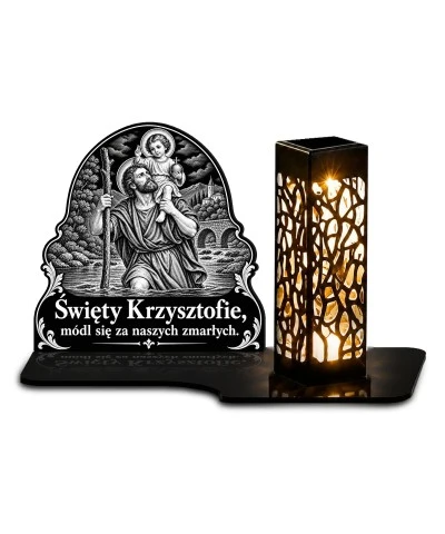 Duży znicz solarny LED XL - Święty Krzysztof - grawer - białe tło