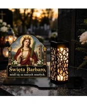 Duży znicz solarny LED XL - Święta Barbara - na grobie wieczorem