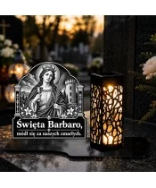 Duży znicz solarny LED XL - Święta Barbara - grawer - na grobie wieczorem