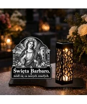 Duży znicz solarny LED XL - Święta Barbara - grawer - na grobie w dzień