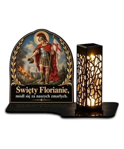 Duży znicz solarny LED XL - Święty Florian - białe tło