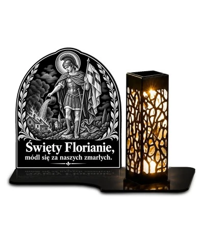 Duży znicz solarny LED XL - Święty Florian - grawer - białe tło
