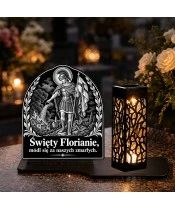Duży znicz solarny LED XL - Święty Florian - grawer - na grobie w dzień