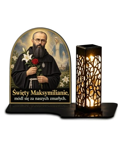 Duży znicz solarny LED XL - Święty Maksymilian Kolbe - białe tło