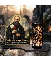 Duży znicz solarny LED XL - Święty Maksymilian Kolbe - na grobie w dzień