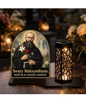 Duży znicz solarny LED XL - Święty Maksymilian Kolbe - na grobie w dzień