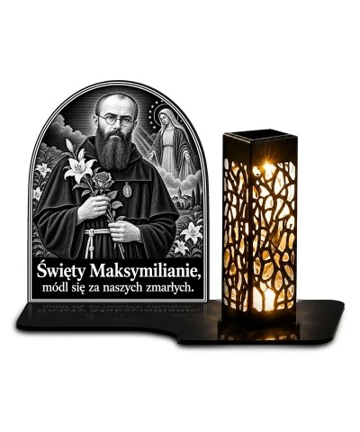 Duży znicz solarny LED XL - Święty Maksymilian Kolbe - grawer - białe tło