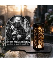 Duży znicz solarny LED XL - Święty Maksymilian Kolbe - grawer - na grobie w dzień