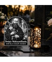 Duży znicz solarny LED XL - Święty Maksymilian Kolbe - grawer - na grobie wieczorem