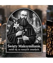 Duży znicz solarny LED XL - Święty Maksymilian Kolbe - grawer - zbliżenie