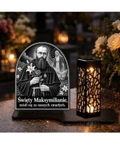 Duży znicz solarny LED XL - Święty Maksymilian Kolbe - grawer - na grobie w dzień