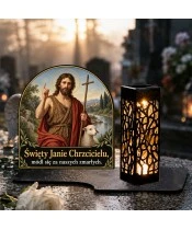 Duży znicz solarny LED XL - Święty Jan Chrzciciel - na grobie w dzień
