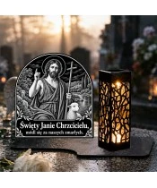 Duży znicz solarny LED XL - Święty Jan Chrzciciel - grawer - na grobie w dzień