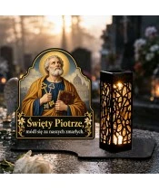 Duży znicz solarny LED XL - Święty Piotr - na grobie w dzień