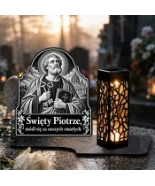 Duży znicz solarny LED XL - Święty Piotr - grawer - na grobie w dzień