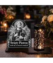 Duży znicz solarny LED XL - Święty Piotr - grawer - na grobie w dzień
