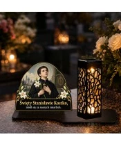 Duży znicz solarny LED XL - Święty Stanisław Kostka - na grobie w dzień