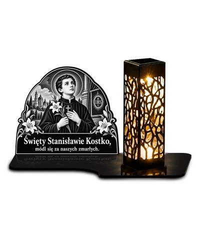Duży znicz solarny LED XL - Święty Stanisław Kostka - grawer - białe tło