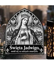 Duży znicz solarny LED XL - Święta Jadwiga Królowa - grawer - zbliżenie
