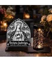 Duży znicz solarny LED XL - Święta Jadwiga Królowa - grawer - na grobie w dzień