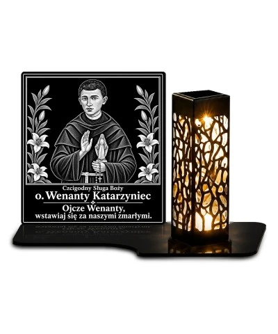 Duży znicz solarny LED XL - Wenanty Katarzyniec - kwadrat - grawer - białe tło