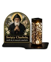 Duży znicz solarny LED XL - Święty Charbel - białe tło