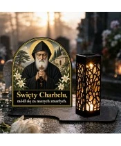 Duży znicz solarny LED XL - Święty Charbel - na grobie w dzień