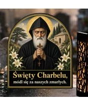 Duży znicz solarny LED XL - Święty Charbel - zbliżenie
