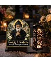 Duży znicz solarny LED XL - Święty Charbel - na grobie w dzień