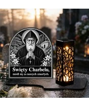 Duży znicz solarny LED XL - Święty Charbel - grawer - na grobie w dzień