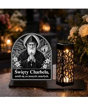 Duży znicz solarny LED XL - Święty Charbel - grawer - na grobie w dzień