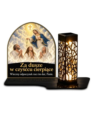 Duży znicz solarny LED XL - Maryja z różańcem i dusze czyśćcowe - białe tło