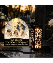 Duży znicz solarny LED XL - Maryja z różańcem i dusze czyśćcowe - na grobie wieczorem