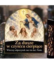 Duży znicz solarny LED XL - Maryja z różańcem i dusze czyśćcowe - zbliżenie