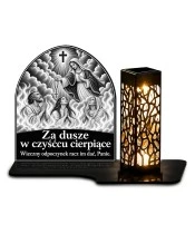 Duży znicz solarny LED XL - Maryja z różańcem i dusze czyśćcowe - grawer - białe tło