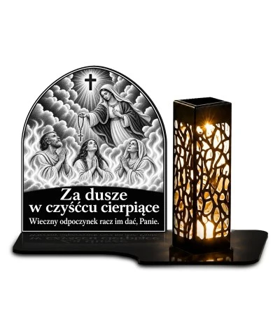 Duży znicz solarny LED XL - Maryja z różańcem i dusze czyśćcowe - grawer - białe tło