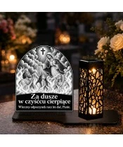 Duży znicz solarny LED XL - Maryja z różańcem i dusze czyśćcowe - grawer - na grobie w dzień