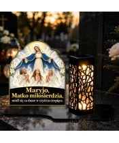 Duży znicz solarny LED XL - Dusze czyśćcowe pod płaszczem Maryi - na grobie wieczorem