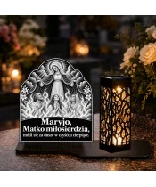 Duży znicz solarny LED XL - Dusze czyśćcowe pod płaszczem Maryi - grawer - na grobie w dzień