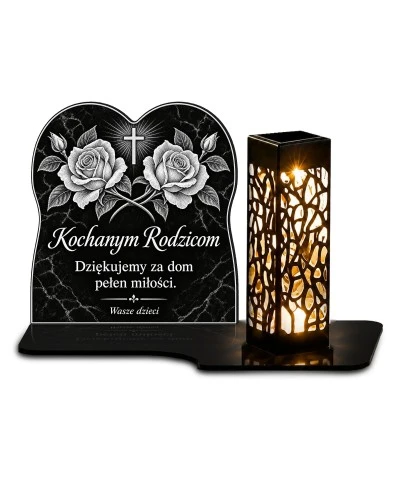 Duży znicz solarny LED XL - Dwie róże dla rodziców - grawer - 1