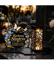 Znicz solarny LED XL dla siostry - Niezapominajki - na grobie wieczorem