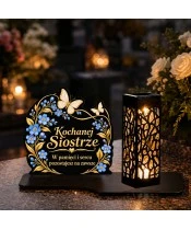 Znicz solarny LED XL dla siostry - Niezapominajki - na grobie w dzień