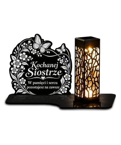 Znicz solarny LED XL dla siostry - Niezapominajki - grawer - białe tło