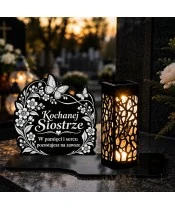 Znicz solarny LED XL dla siostry - Niezapominajki - grawer - na grobie wieczorem
