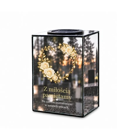 Znicz lustrzany solarny LED 15 cm – serce z róż - widok główny