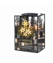 Znicz lustrzany solarny LED 15 cm – krzyż i lilie - widok główny