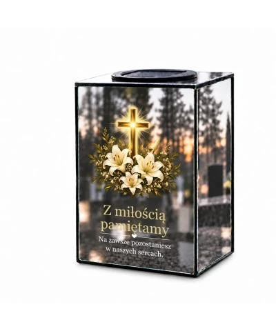 Znicz lustrzany solarny LED 15 cm – krzyż i lilie - widok główny